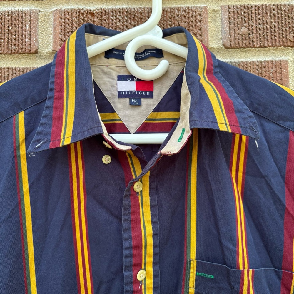 VINTAGE Tommy Hilfiger Shirt Mens M Blue Stripe Denim Long Sleeve Cotton - Picture 3 of 11
